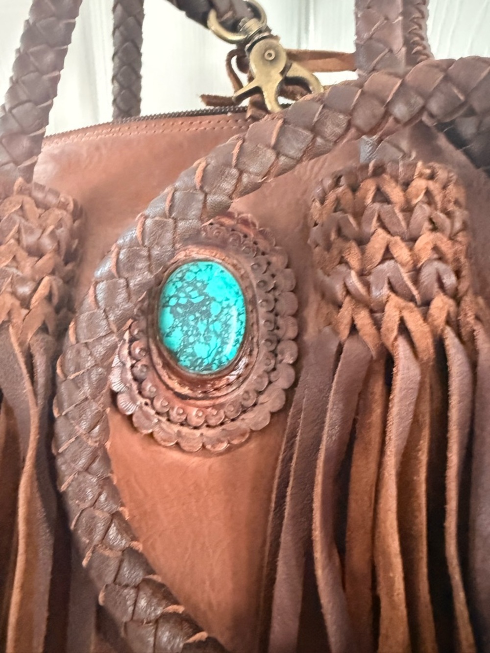 American Darling Brown Leather Fringe Tote with Turquoise Accent - Picture 3 of 6